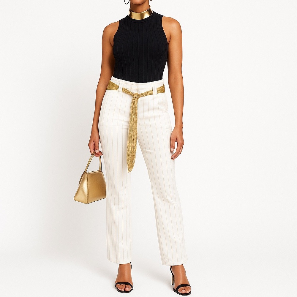 DFA New York Wide Leg Pants Ivory Gold Pinstripes Size 10‎ Tassel Belt Y2K Retro